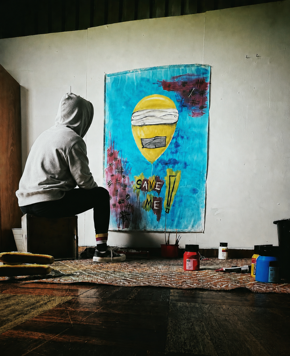 En el estudio, frente a Save Me — Art House Holland